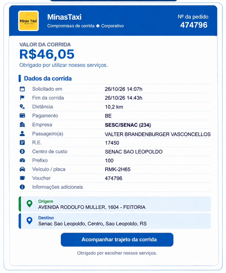 Recibo de corrida corporativa MinasTaxi